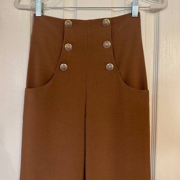 Women's Brown High Waisted Trouser with Gold Buttons - Small - Picture 3 of 8